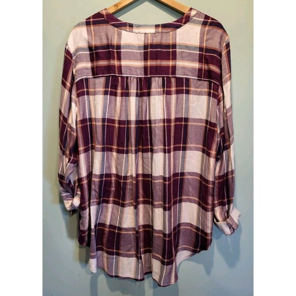 Jane & Delancey Purple Plaid Roll Tab Sleeve 1/4 Button Relaxed Fit Tunic Top 2X - Picture 6 of 9